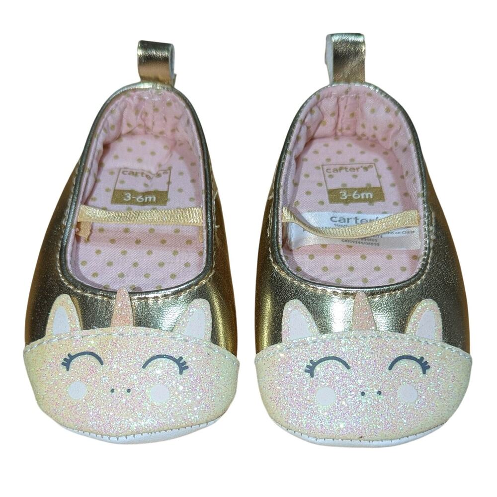 Carter's Ballet Flats Size 2 Gold‎ Unicorn Glitter Baby Girls 3-6 Mo. Crib Shoes